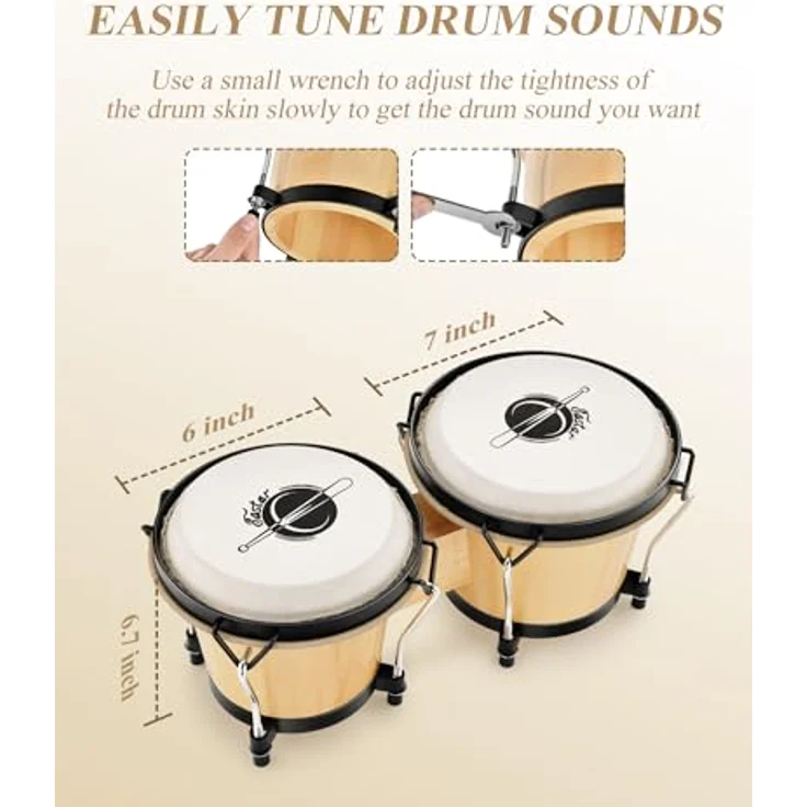 Eastar EBO-1 Bongo Trommeln aus Holz, 6" und 7" mit natürlichem Finish, geeignet für Kinder und Anfänger, inklusive Tragetasche und Stimm-Schlüssel – Bild 3