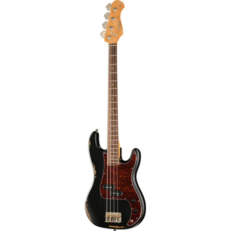 Harley Benton PB-62LA BK, E-Bass Vintage Serie mit amerikanischem Erlekorpus und karamellisiertem Ahornhals, Light Aged Black