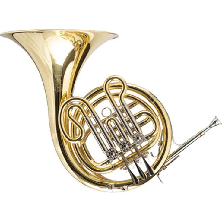 Hans Hoyer Junior Bb-French Horn, Kinderwaldhorn mit 3 Drehventilen, verstellbarem Daumen- und Fingerhaken, Goldmessingmundrohr, klarlackiert, inkl. Rucksack-Leichtkoffer