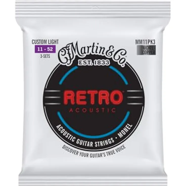 Martin 3er-Pack Saiten für Akustikgitarre Retro Acoustic, Monel – Nickel/Kupfer-Legierung, Custom Light 11-52 (MM11PK3)
