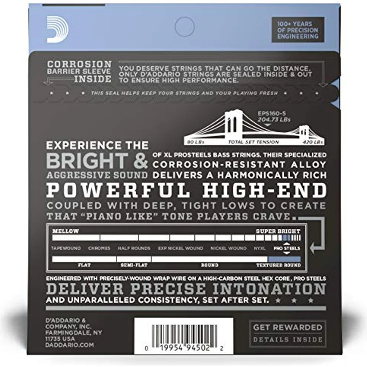 D'Addario EPS160-5 E Bass Gitarrensaiten, 5-Saiter Satz, Saitenstärken .050 - .135 Zoll, XL ProSteels Round Wound – Bild 2