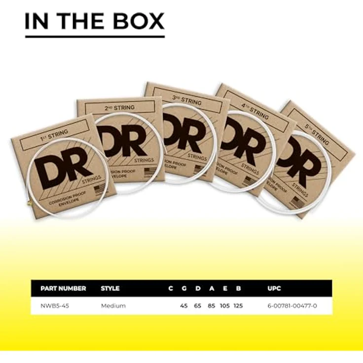 DR Strings Hi-Def Neon Weiß NWB5-45 – E-Bass-Saiten Medium 45-125, 5-Saiter mit K3-Beschichtung für mehr Klarheit und Projektion – Bild 4