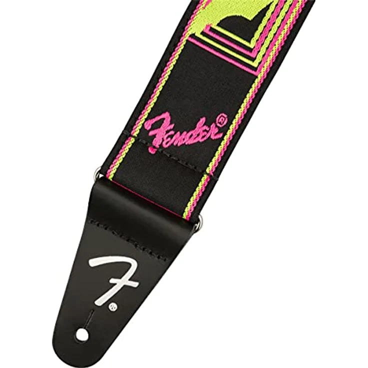 Fender Neon Monogrammed Strap, Gitarrengurt aus reißfestem Polypropylen mit Lederenden, verstellbar von 86 cm bis 149 cm, Neon Gelb/Pink – Bild 2