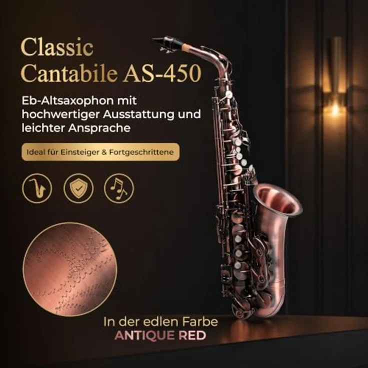 Classic Cantabile AS-450 Antique Red Altsaxophon Set, Altsaxophon aus Messing mit ergonomischer Klappenmechanik und vollem Klang – Bild 2