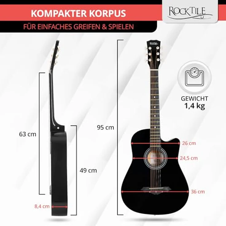 Rocktile WSD-5C-BK Slim Line Westerngitarre, Dreadnought Akustik Gitarre mit Linde Korpus, Catalpa Hals, inkl. Tasche, Ersatzsaiten, Gurt und Plektren, Schwarz – Bild 3