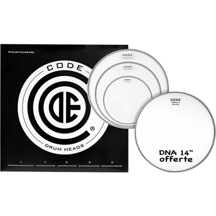 Code DNA Clear Pack Fusion, Schlagzeugfelle Set mit 10", 12", 14" Toms und gratis Snare Fell, transparent, einlagig, offener Sound – Bild 2