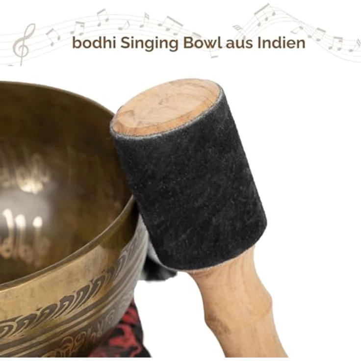 Bodhi Tibetische Klangschale Ø 19 cm, Handgefertigte Singing Bowl mit Tara Gravur, Bronze, Inkl. Klangschalenkissen & Klöppel, Ideales Meditationszubehör – Bild 2