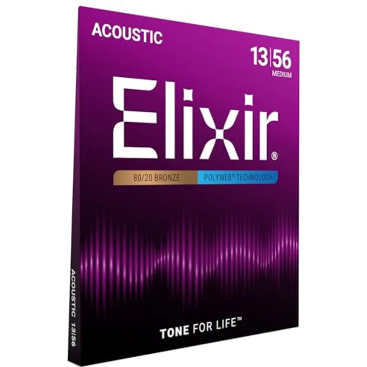 Elixir® Saiten 80/20 Bronze Akustik-Gitarrensaiten mit POLYWEB® Beschichtung, Medium (.013-.056) – Langlebiges Spielgefühl und klarer Ton – Bild 1
