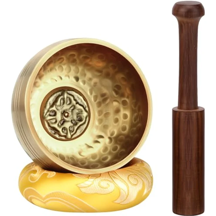 DiDiBirDi Tibetische Klangschale 8cm, handgehämmert in Nepal mit Schlägel und gelbem Ring-Kissen für Meditation, Yoga, Chakra – Bild 1