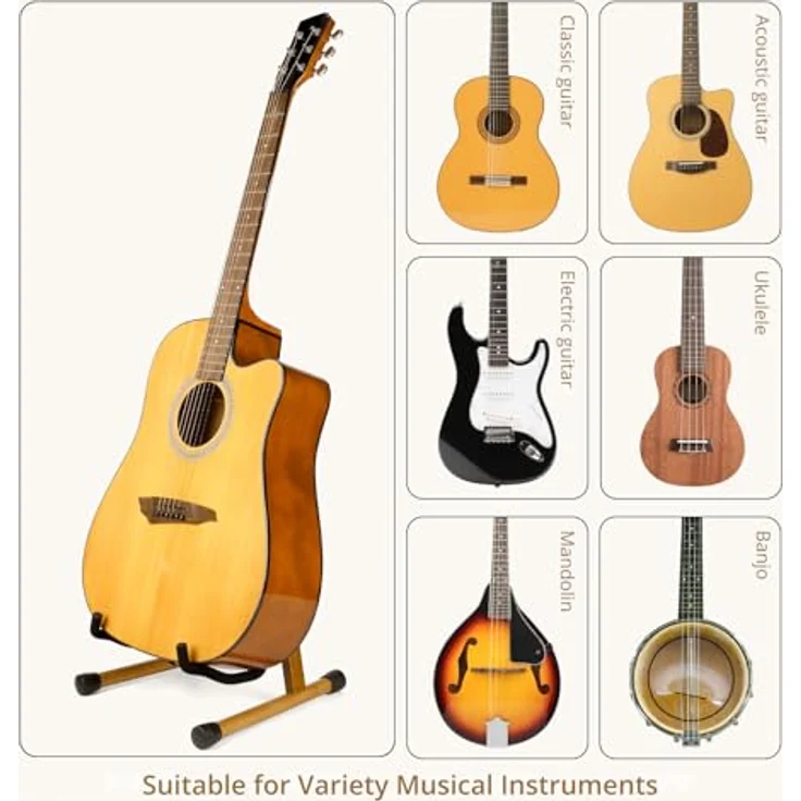 MUSO Gitarrenständer, faltbarer Holzständer für Akustik-/E-Gitarren, Bass, Violine, Ukulele, stabile Konstruktion mit Schaumstoffpolsterung und rutschfesten Füßen, Akazie – Bild 4