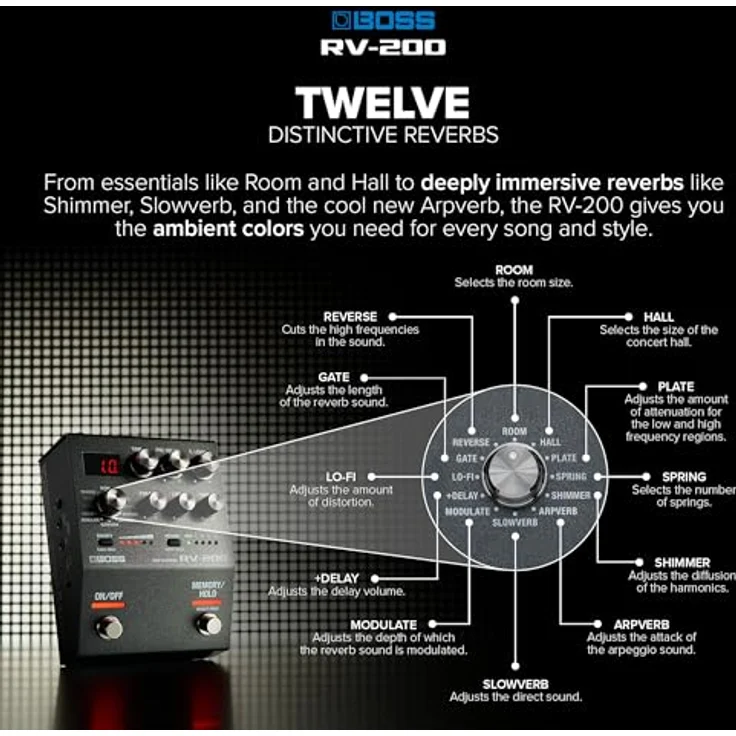 Boss RV-200 Reverb, Effektpedal für E-Gitarre mit 12 Reverb-Typen, True Bypass, MIDI-Anschlüssen, kompaktem Design – Bild 3