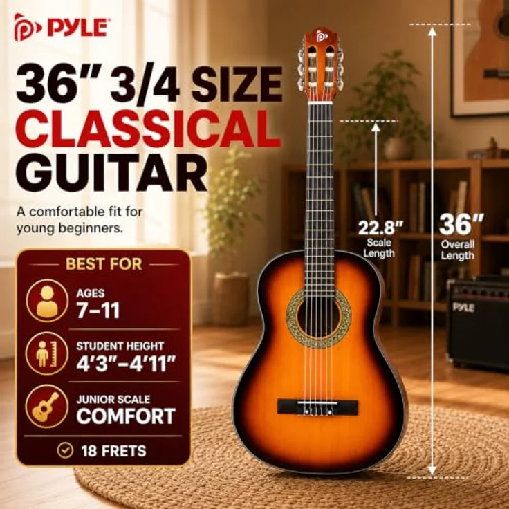 Pyle PGACLS82SUN.9 Akustikgitarre 6, 91.4 cm (36 Zoll), 3/4 Juniorgröße, Lindenholz, Sunburst, mit Gigbag, Stimmgerät, Nylonsaiten und Plektren für Anfänger – Bild 3