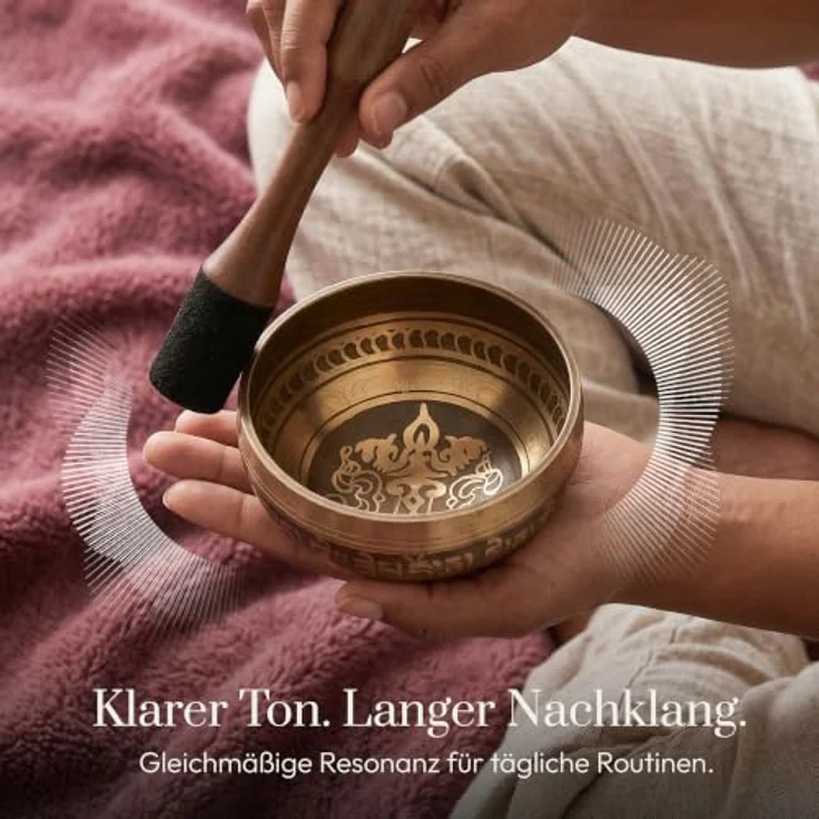 Silent Mind Klangschale Ø10 cm Bronze, Handgefertigtes Komplett-Set mit Kissen und Klöppel, klarer stabiler Klang für Meditation und Achtsamkeit – Bild 3
