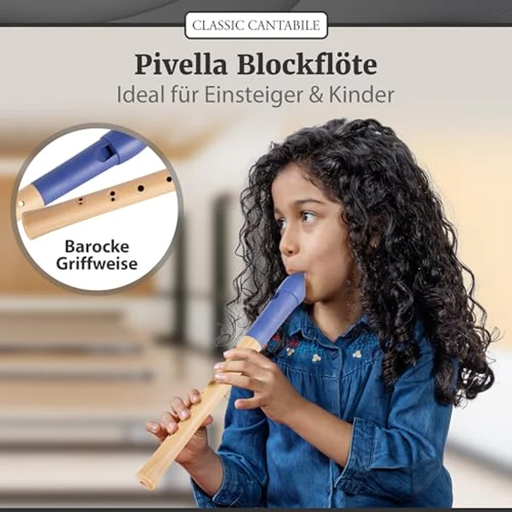 Classic Cantabile Pivella C-Sopran Blockflöte Set, Ahornholz mit Kunststoffkopf, barocke Griffweise, blau, inkl. Flötenschule, Etui, Grifftabelle, Wischerstab und Korkfett – Bild 2