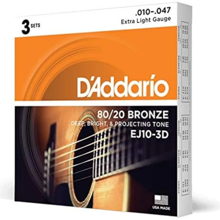 D'Addario EJ10-3D 80/20 Bronze Akustikgitarrensaiten, Extra Light, 10-47, 3 Sets, kräftiger, heller Klang, hergestellt in den USA – Bild 1