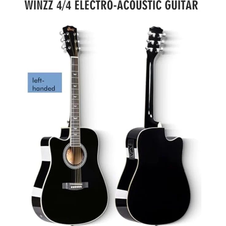 Winzz Elektro-Akustik Gitarre 4/4 für Linkshänder, Schwarz-Glänzend, inkl. 11 Zubehörteilen und Stahlsaiten, ideal für Anfänger und Kinder – Bild 3