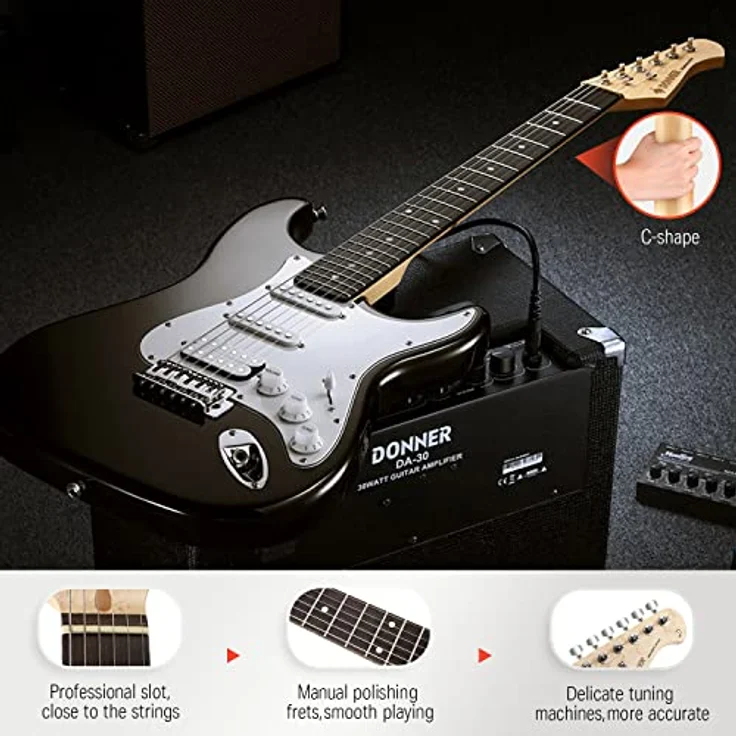 Donner ST E-Gitarre Set, 39 Zoll mit S-S-H Pickups, Verstärker, Tasche, Gurt und Zubehör, Schwarz – Bild 4