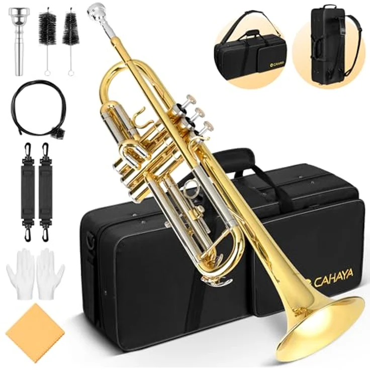 CAHAYA Standard Trompeten Set, Messingtrompete für Anfänger mit Hartschalenkoffer, 7C-Mundstück, Handschuhen und Reinigungsset, Gold – Bild 1