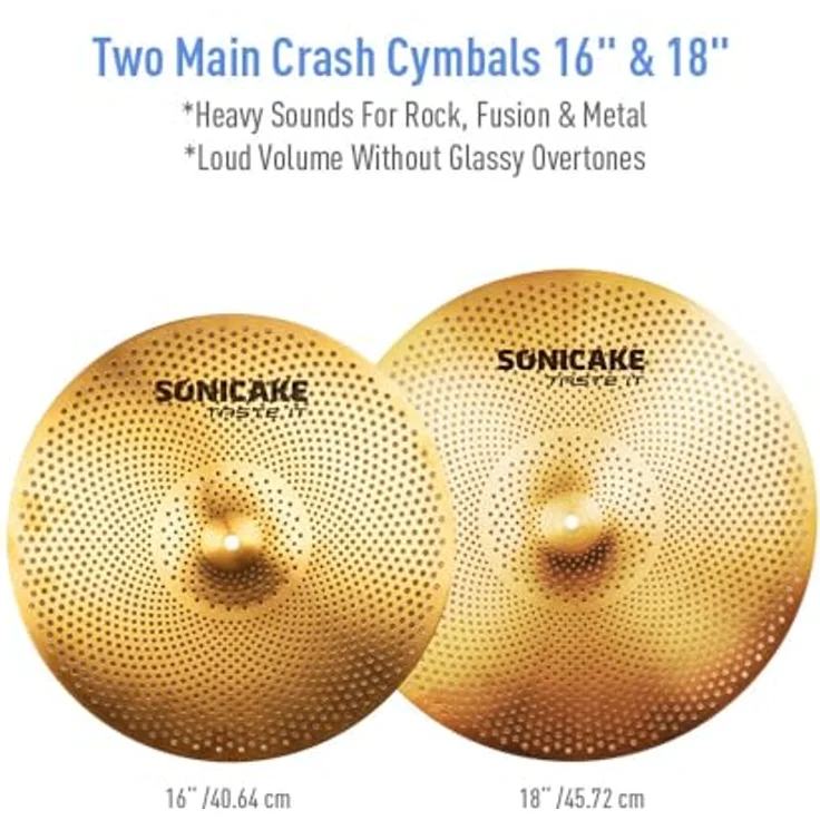 SONICAKE Cymbal Set, 14" HiHat + 16" Crash + 18" Crash + 20" Ride, leise, goldene Oberfläche, inkl. Beckentasche und Zubehör, 5 Teile – Bild 4
