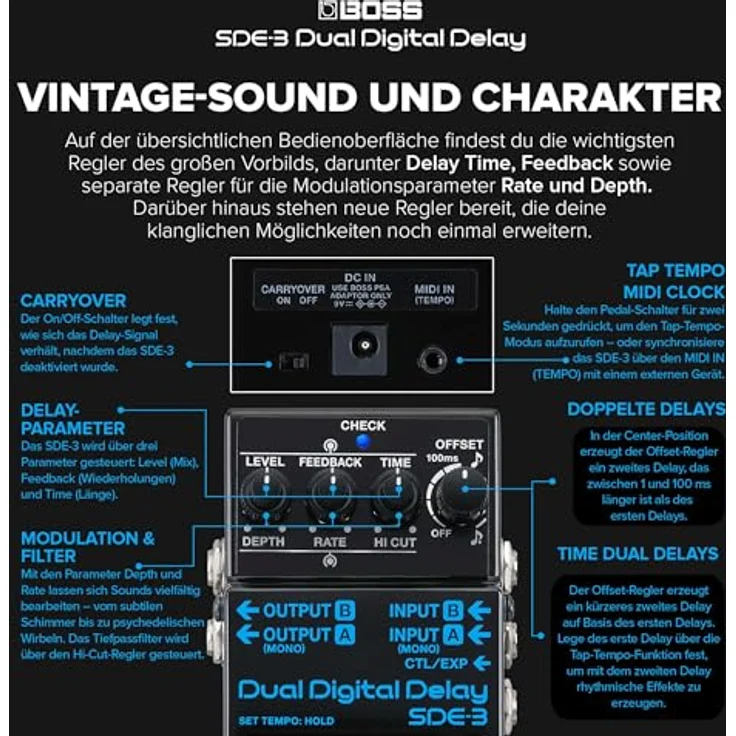 BOSS SDE-3 Dual Digital Delay Pedal, authentischer Sound des Roland SDE-300, 1600 ms Delay-Zeit, MIDI Ein-/Ausgang, kompakt – Bild 4