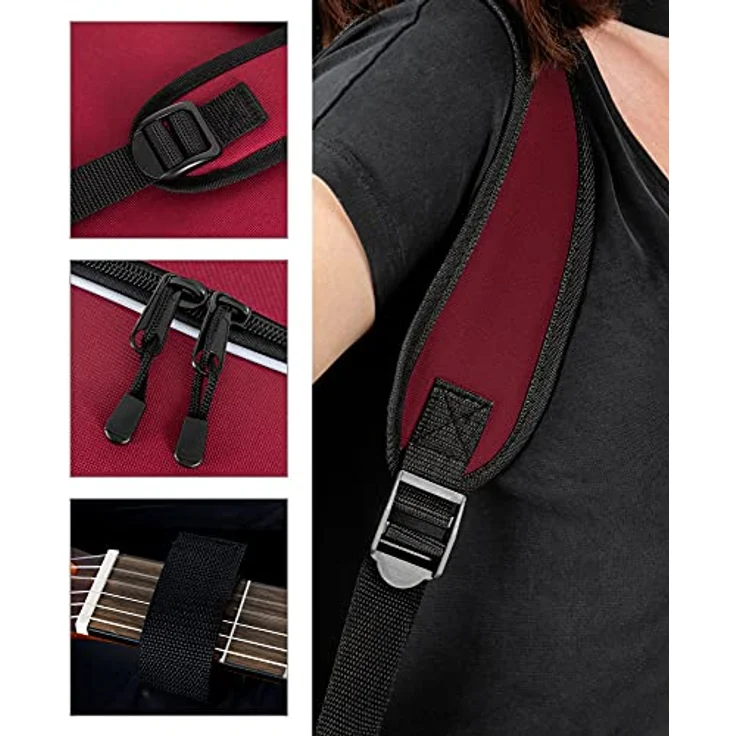 ROCKTILE 3/4 und 7/8 Klassik-Gitarrentasche, gepolsterter Gigbag mit Rucksackgarnitur, 2 Außentaschen, weinrot – Bild 4