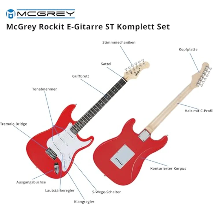 McGrey Rockit ST Komplettset E-Gitarre, 8-teiliges Anfängerset mit 10 Watt Verstärker, Gitarrentasche und Zubehör, Fiesta Red – Bild 4