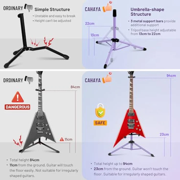 CAHAYA Gitarrenständer CY00253-2, verstellbarer klappbarer Universal-Stativ für Akustikgitarren, E-Gitarren und Banjos, lila, mit umfassendem Schutz und stabiler Basis – Bild 4