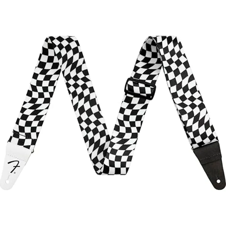Fender Checker Poly Strap, Gitarrengurt mit gewelltem Schachbrettmuster aus Polyester, verstellbar von 86-150 cm, schwarz/weiß