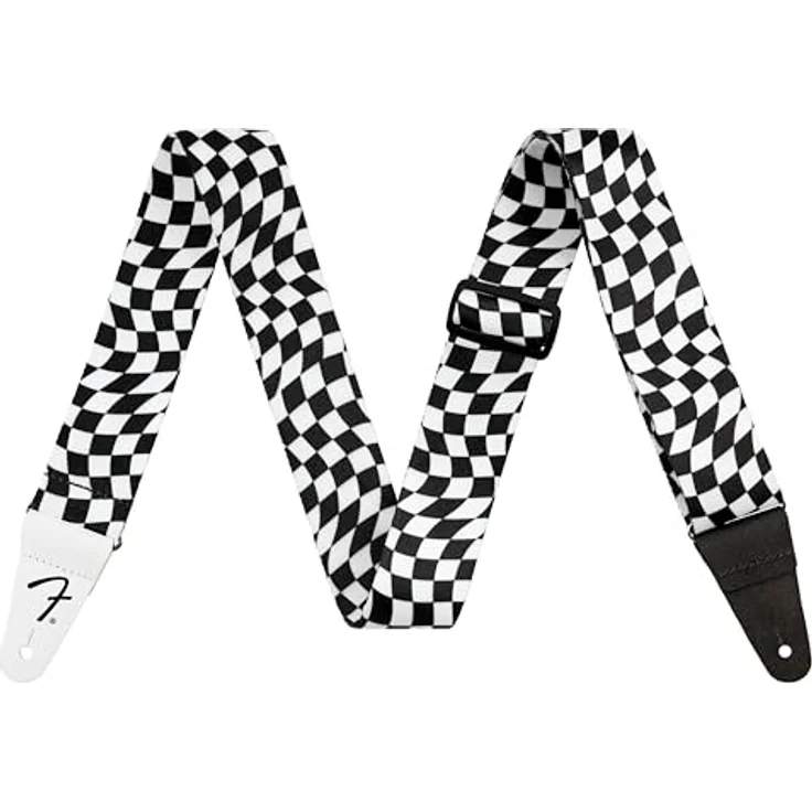 Fender Checker Poly Strap, Gitarrengurt mit gewelltem Schachbrettmuster aus Polyester, verstellbar von 86-150 cm, schwarz/weiß – Bild 1