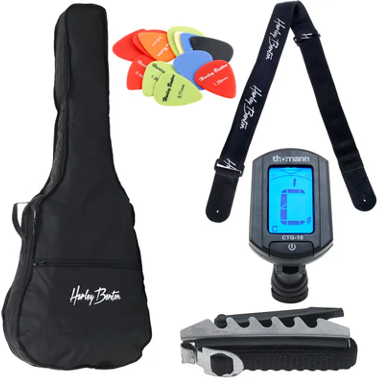 Harley Benton W-Guitar Accessory Pack, Westerngitarre-Zubehörpaket mit Gigbag, chromatischem Clip Tuner, verstellbarem Gitarrengurt, Kapodaster und Plektrum Mix