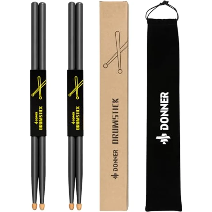 Donner 5A Drumsticks, Schwarz, klassisches Ahornholz, 2 Paar mit Tragetasche, korrosionsbeständig, umweltfreundlich – Bild 2