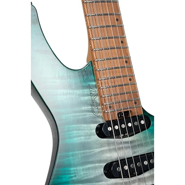 Cort Space G6TR, 6-saitige Headless E-Gitarre mit Okoume Korpus, geflammter Ahorndecke, Lagoon Semi Gloss, HSS-Pickup-Konfiguration – Bild 6