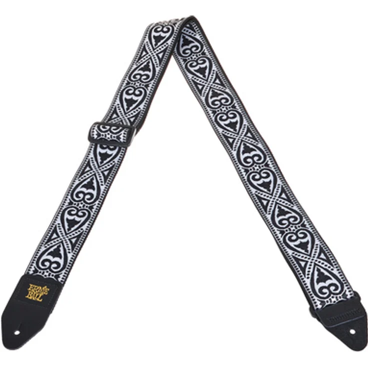 Ernie Ball Black Heart Jacquard Strap, Gitarrengurt aus stabilem Polypropylen mit Leder-Enden, extra lang 104-182 cm, schwarz mit Herz-Design – Bild 1