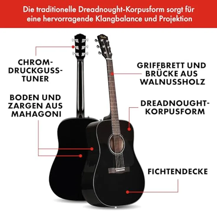 Fender CD-60 Dreadnought V3 DS Akustikgitarre, Walnussgriffbrett, schwarz, inklusive kostenloser virtueller Kurse auf Fender Play – Bild 2