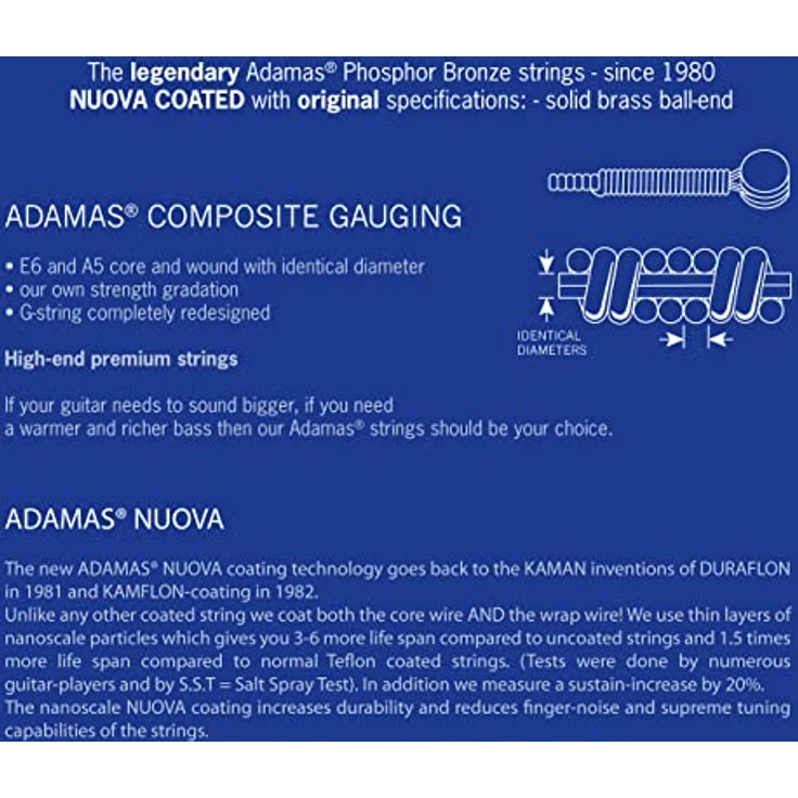 Adamas 1717NU Nuova Coated Gitarrensaiten, Phosphor Bronze, Extra-Light .010 .014 .023w .030w .038w .047w, warmer erdiger Ton – Bild 3
