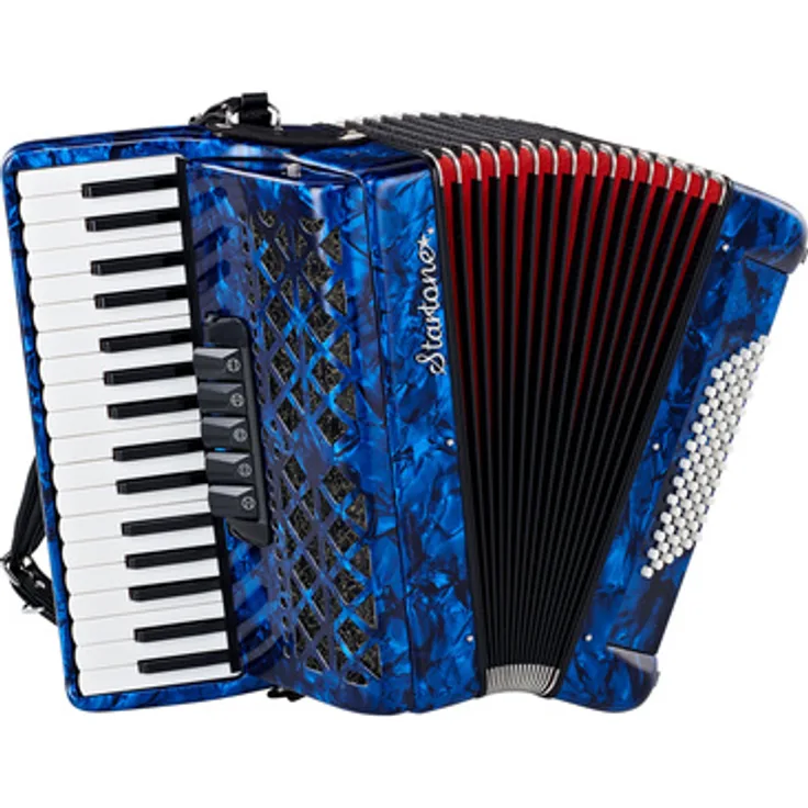 Startone Piano Accordion 72 Blue MKII, Akkordeon mit 72 Bässen, 34 Diskanttasten, 3 Chöre im Diskant, blau mit rotem Balg, inkl. Trageriemen und Gig Bag