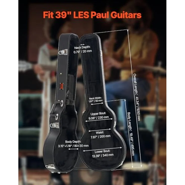 VEVOCOR Gitarrenkoffer, 105 cm Hartschalenkoffer für Les Paul-Gitarren, mit Schloss, PVC-Polsterung und Zubehörfach, schwarz – Bild 2