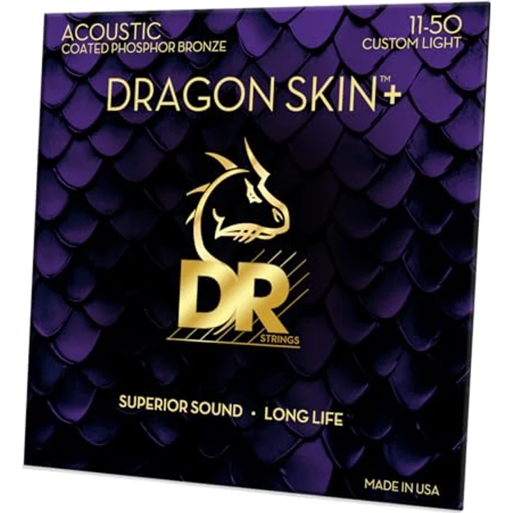 DR Strings Dragon Skin+ DAP-11 Coated, 6-saitiger Akustikgitarren-Saitensatz mit Coated Phosphorbronzedraht, Custom Light Gauges 11-50 – Bild 1