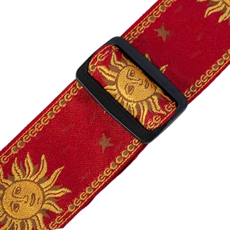 Levys Woven Jacquard Strap 2", Gitarrengurt mit Sun-Motiv in Gelb auf Rot, verstellbar von 102 cm bis 145 cm, made in Canada – Bild 3