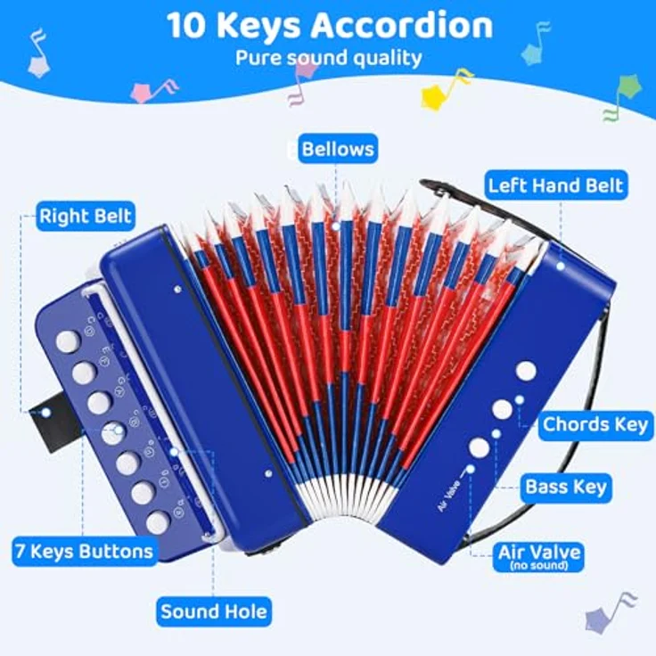 TLGREEN Akkordeon Kinder, 10 Tasten Ziehharmonika mit Riemen, sicheres und robustes Musikinstrument für Anfänger, tragbar, blau – Bild 3