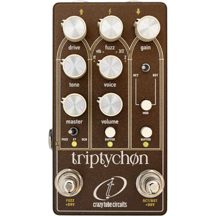 Crazy Tube Circuits Triptychon, 3-in-1 Overdrive-Pedal mit Fuzz, Treble-Booster und Octafuzz, Gehäuse in Bronzebraun