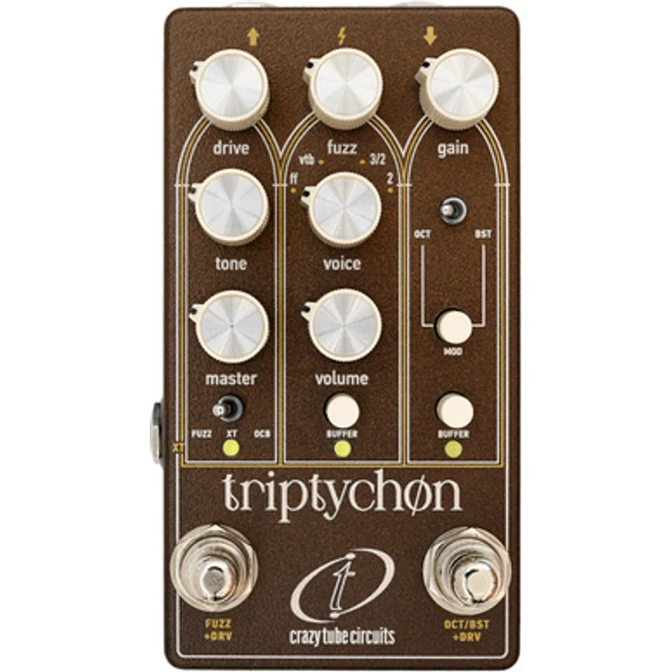Crazy Tube Circuits Triptychon, 3-in-1 Overdrive-Pedal mit Fuzz, Treble-Booster und Octafuzz, Gehäuse in Bronzebraun