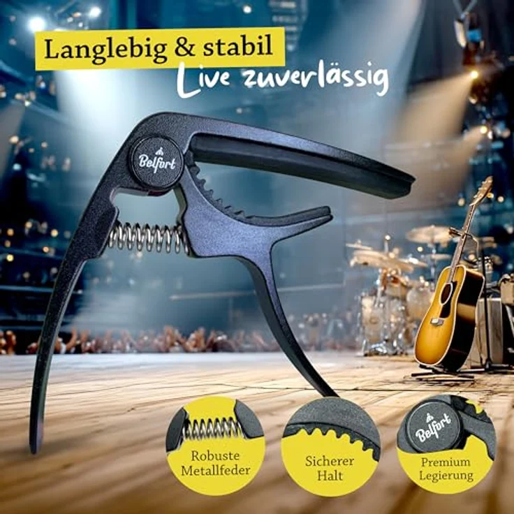 BELFORT® QuickPitch Kapodaster für Gitarre, bruchfestes Metall, einfache Einhandbedienung, inkl. 3 Plektren und gratis eBook, für Westerngitarre, Akustikgitarre, E-Gitarre, Ukulele – Bild 3