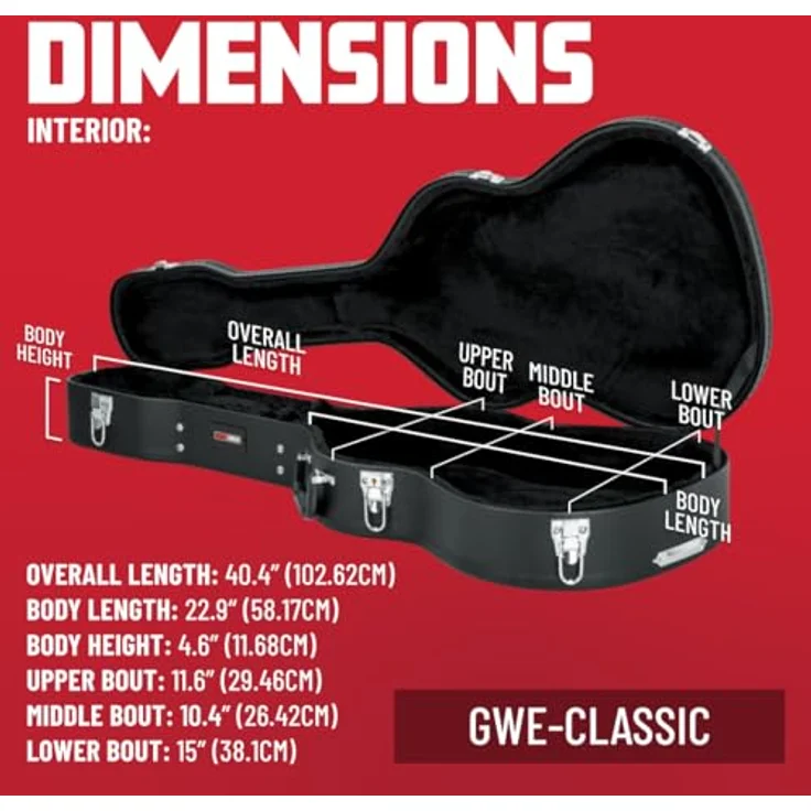 Gator GWE-Classic, Gitarrenkoffer für 4/4 Konzertgitarre, abschließbar, aus Sperrholz, schwarzer Tolex, mit schwarzem Plüschfutter, ergonomischem Tragegriff, Innenfach, Farbe: Schwarz – Bild 4