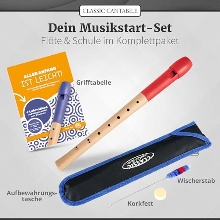 Classic Cantabile Pivella C-Sopran Blockflöte Set, Ahornholz mit Kunststoffkopf, barocke Griffweise, rot, inkl. Schule, Etui, Grifftabelle, Wischerstab und Korkfett – Bild 3