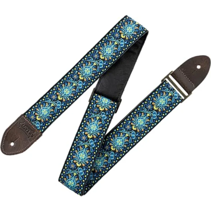 Levys Jacquard Floral Strap 2", Gitarrengurt aus Polypropylen mit Lederenden, verstellbar von 89 cm bis 142 cm, Blau & Gelb