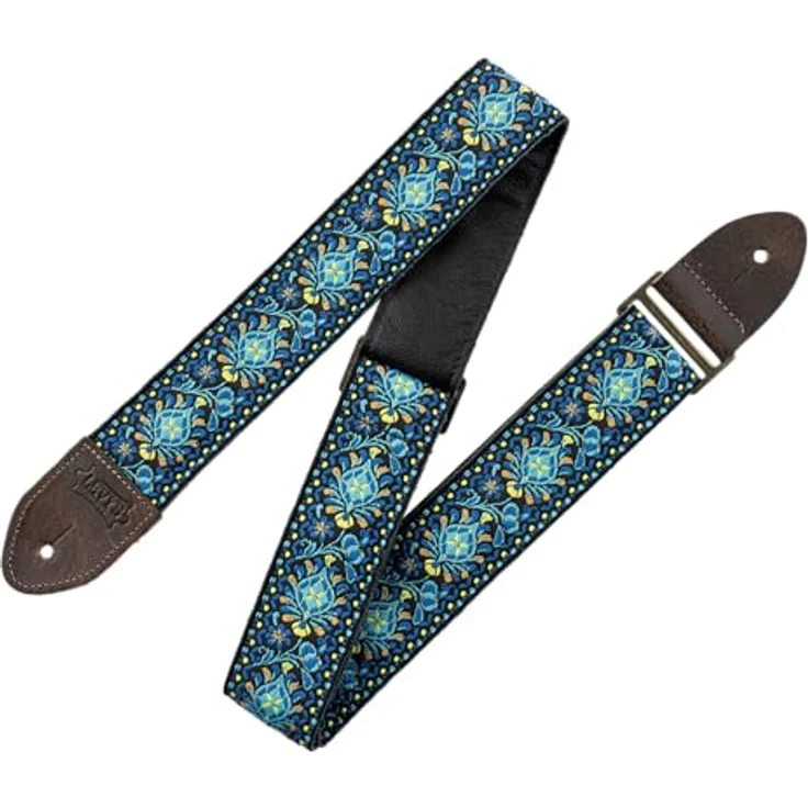 Levys Jacquard Floral Strap 2", Gitarrengurt aus Polypropylen mit Lederenden, verstellbar von 89 cm bis 142 cm, Blau & Gelb – Bild 1