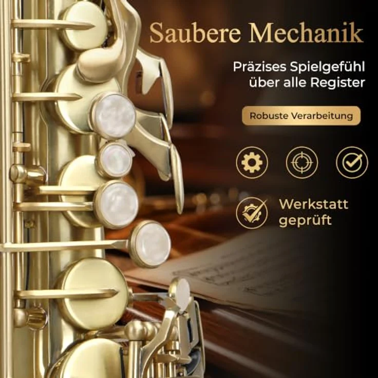 Classic Cantabile AS-450 Brushed Eb Altsaxophon Set, Altsaxophon aus Messing, hand matt gebürstet mit Hoch-Fis-Klappe und ergonomischer Klappenmechanik – Bild 4