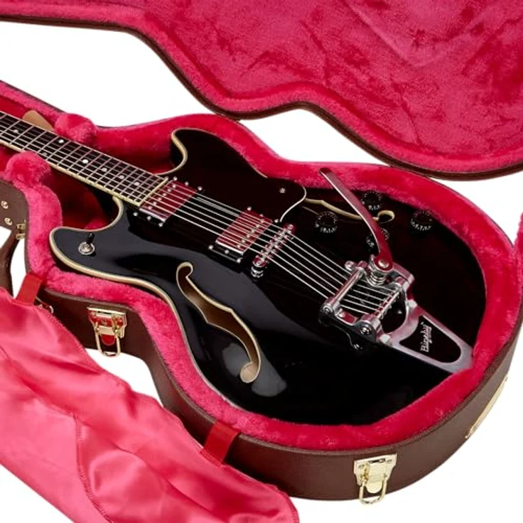 Gator GW-Semi-hollow Guitar Case, stabiler Gitarrenkoffer aus Sperrholz mit braunem Außenbezug und rotem Plüsch-Innenfutter, abschließbar, mit Zubehörfach, goldene Hardware – Bild 9