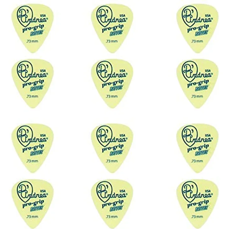 dAndrea Pro-Grip Brites Picks 0,73 mm, rutschfestes Plektrum in Gelb, 12 Stück